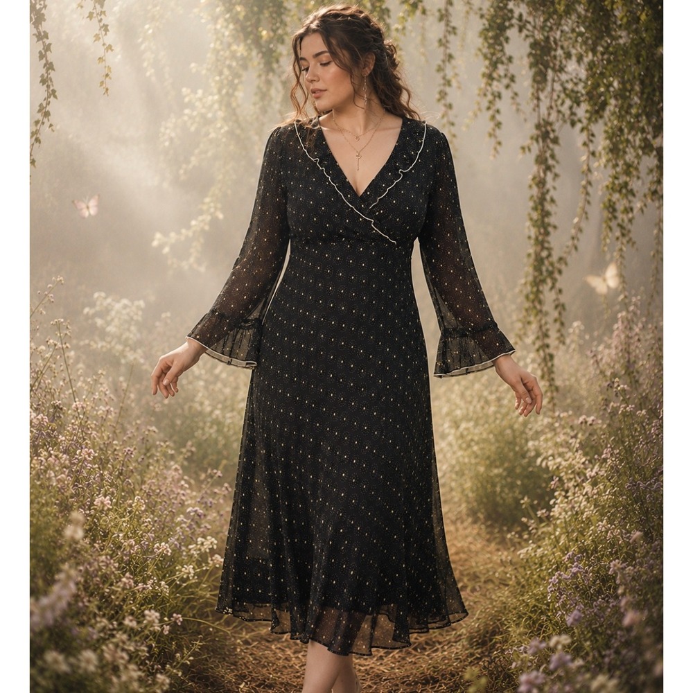 Vintage Y2K Bias Cut Midi Dress Floral Ruffle Fairy Whimsigoth Dainty Grunge 16 - Picture 1 of 10